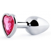 Серебристая анальная пробка с малиновым кристаллом-сердечком - 7 см. - Anal Jewelry Plug - купить с доставкой в Якутске