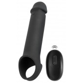Черная вибронасадка для пениса с хомутом для мошонки и пультом ДУ Remote Controlled Penis Extension - Orion - в Якутске купить с доставкой