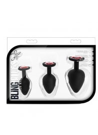Набор черных анальных пробок с красным кристаллом-сердечком Bling Plugs Training Kit - Blush Novelties - купить с доставкой в Якутске