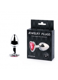 Серебристая анальная пробка с малиновым кристаллом-сердечком - 7 см. - Anal Jewelry Plug - купить с доставкой в Якутске