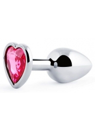 Серебристая анальная пробка с малиновым кристаллом-сердечком - 7 см. - Anal Jewelry Plug - купить с доставкой в Якутске