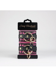 Черные кожаные наручники с розовой строчкой - Crazy Handmade - купить с доставкой в Якутске