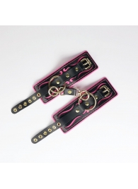 Черные кожаные наручники с розовой строчкой - Crazy Handmade - купить с доставкой в Якутске