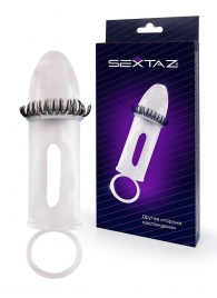 Закрытая насадка на пенис с подхватом мошонки и стимулирующими «ресничками» - Sextaz - в Якутске купить с доставкой