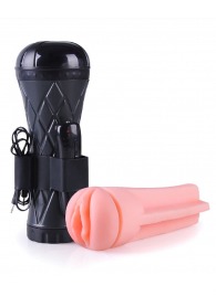 Телесный мастурбатор-вагина в черной колбе с вибрацией - Boys of Toys - в Якутске купить с доставкой
