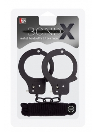 Чёрные наручники из листового металла в комплекте с веревкой BONDX METAL CUFFS LOVE ROPE SET - Dream Toys - купить с доставкой в Якутске