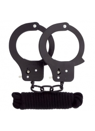 Чёрные наручники из листового металла в комплекте с веревкой BONDX METAL CUFFS LOVE ROPE SET - Dream Toys - купить с доставкой в Якутске