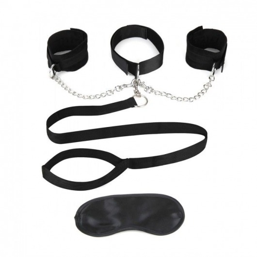 Чёрный ошейник с наручниками и поводком Collar Cuffs   Leash Set - Lux Fetish - купить с доставкой в Якутске