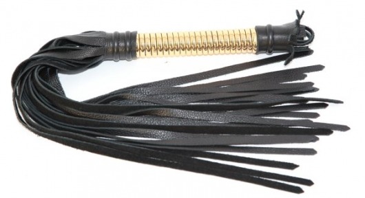 Чёрная плетка  из натуральной кожи с золотистой отделкой рукояти - БДСМ Арсенал - купить с доставкой в Якутске