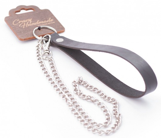 Серебристый металлический поводок с кожаной черной ручкой - 80 см. - Crazy Handmade - купить с доставкой в Якутске