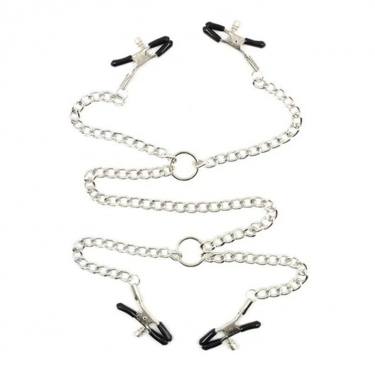 Серебристые зажимы для сосков и половых губ на тонкой цепочке - Notabu - купить с доставкой в Якутске Серебристые зажимы для сосков и половых губ на тонкой цепочке - Notabu - купить с доставкой в Якутске