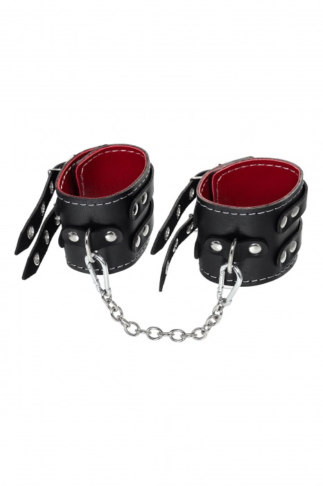 Черные кожаные оковы с двумя ремнями и красной подкладкой - Pecado - купить с доставкой в Якутске
