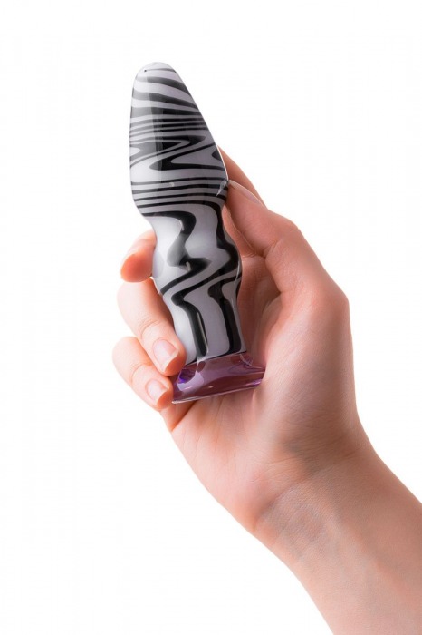 Белая анальная пробка из стекла с чёрными полосами - 11,6 см. - Sexus в Якутске Белая анальная пробка из стекла с чёрными полосами - 11,6 см. - Sexus