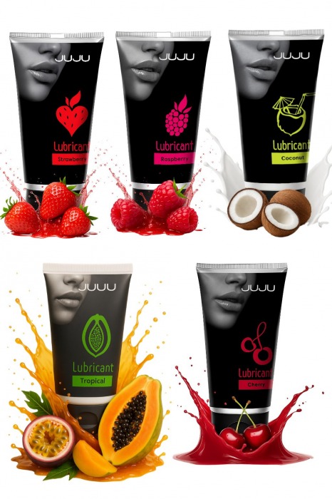 Набор из 5 съедобных лубрикантов JUJU (клубника, малина, тропические фрукты, вишня, кокос) - JuJu - купить с доставкой в Якутске Набор из 5 съедобных лубрикантов JUJU (клубника, малина, тропические фрукты, вишня, кокос) - JuJu - купить с доставкой в Якутске