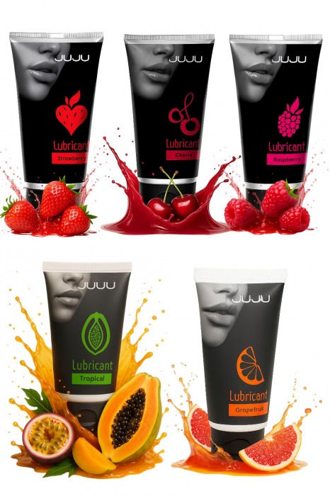 Набор из 5 съедобных лубрикантов JUJU (клубника, малина, тропические фрукты, вишня, грейпфрут) - JuJu - купить с доставкой в Якутске Набор из 5 съедобных лубрикантов JUJU (клубника, малина, тропические фрукты, вишня, грейпфрут) - JuJu - купить с доставкой в Якутске
