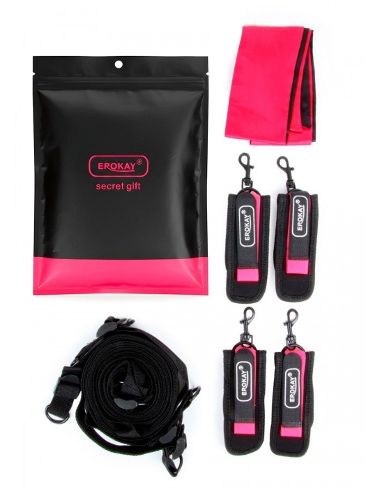 Черно-розовый эротический набор: фиксатор, оковы, наручники, повязка - Erokay - купить с доставкой в Якутске