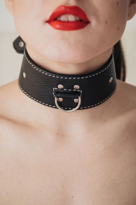 Черный кожаный ошейник с петлёй для поводка - БДСМ Арсенал - купить с доставкой в Якутске